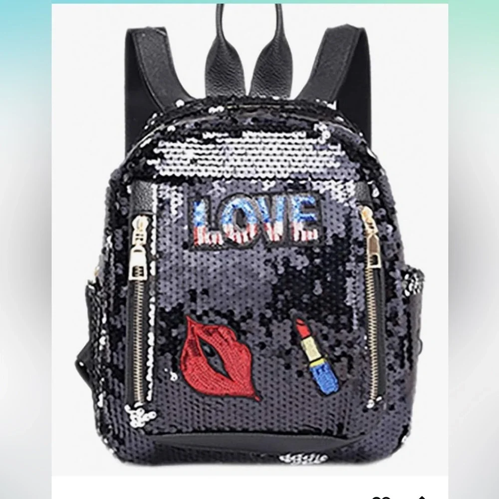 Sequin‎ Backpack with Lipstick and Love Patch